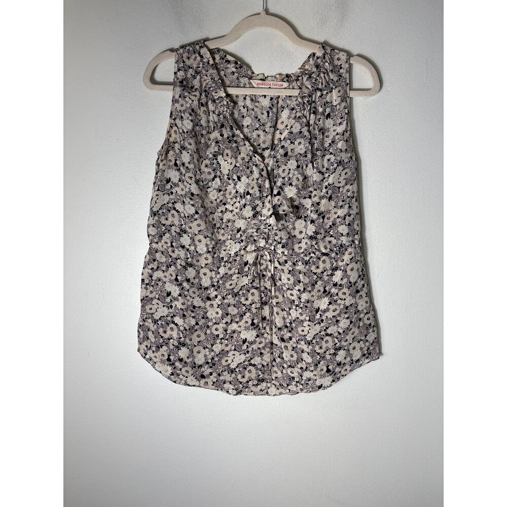 Rebecca Taylor Cream and Black Floral Sleeveless Silk Top Sz 0